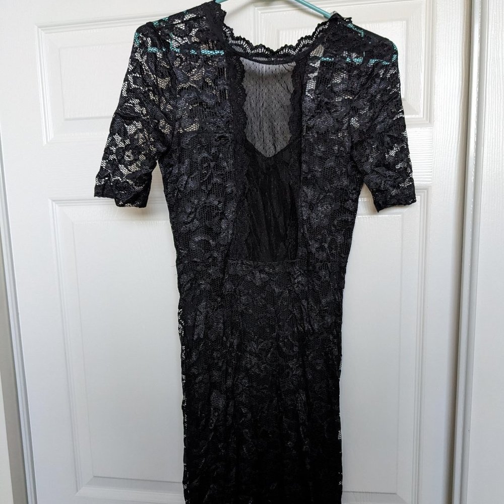 BLACK LACE BODYCON MIDI DRESS - WOMEN'S M